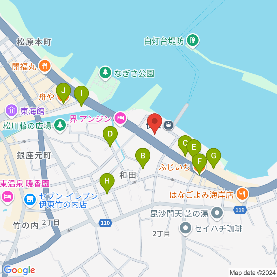 伊東市観光会館周辺のファミレス・ファーストフード一覧地図