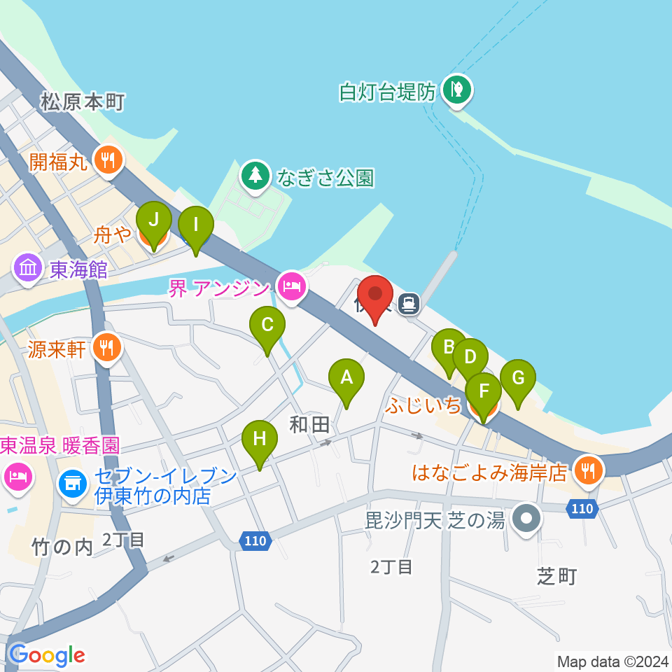 伊東市観光会館周辺のファミレス・ファーストフード一覧地図