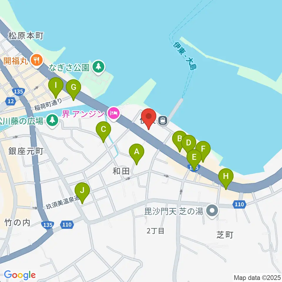 伊東市観光会館周辺のファミレス・ファーストフード一覧地図