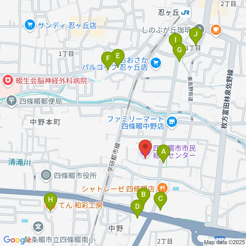 四條畷市市民総合センター周辺のファミレス・ファーストフード一覧地図