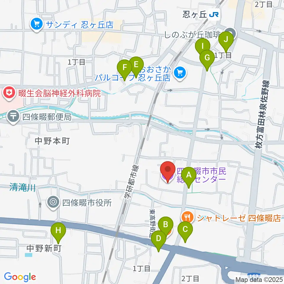 四條畷市市民総合センター周辺のファミレス・ファーストフード一覧地図