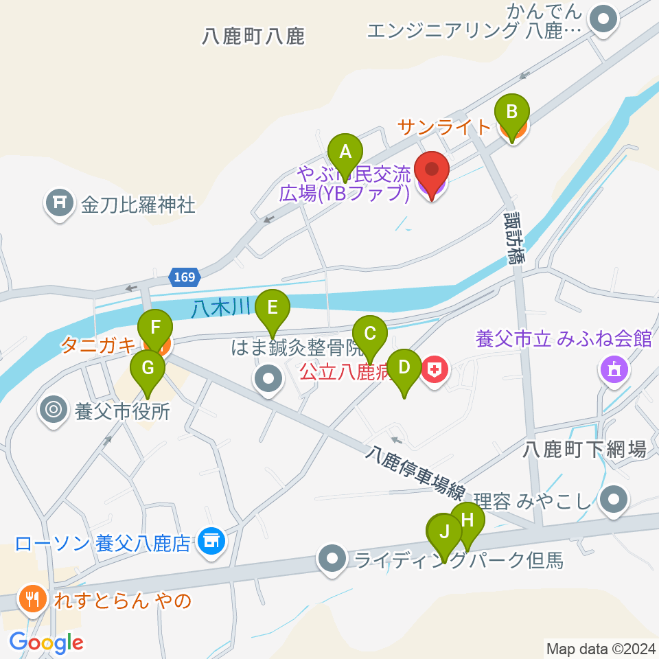 やぶ市民交流広場 YBファブ周辺のファミレス・ファーストフード一覧地図