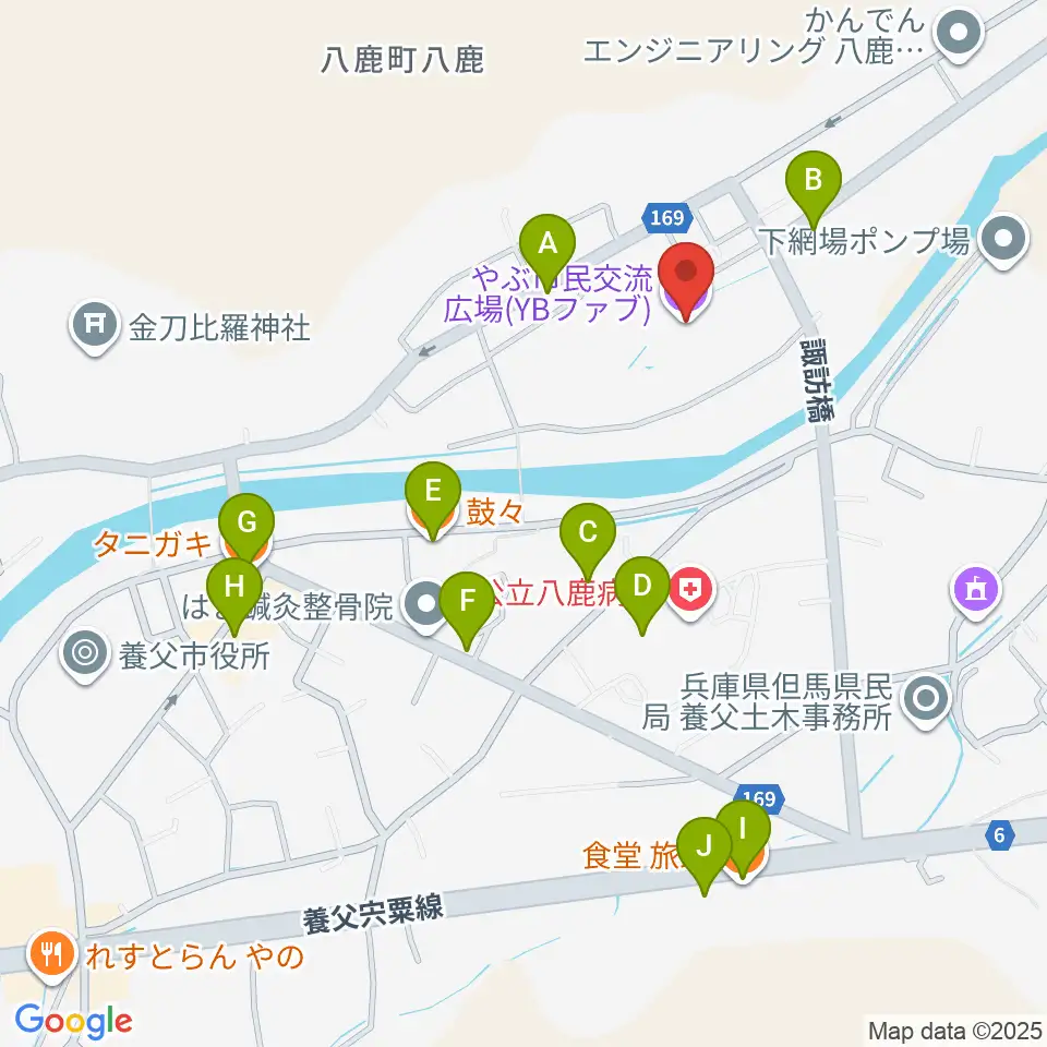 やぶ市民交流広場 YBファブ周辺のファミレス・ファーストフード一覧地図