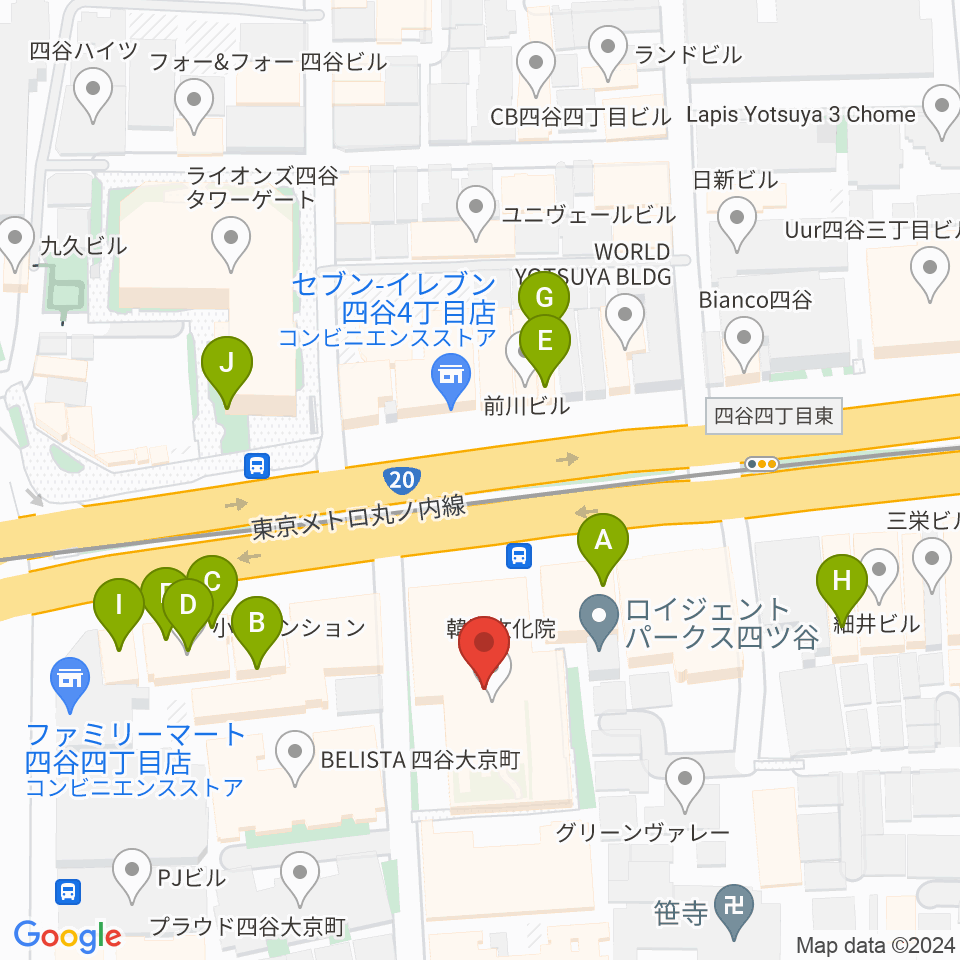 韓国文化院ハンマダンホール周辺のファミレス・ファーストフード一覧地図
