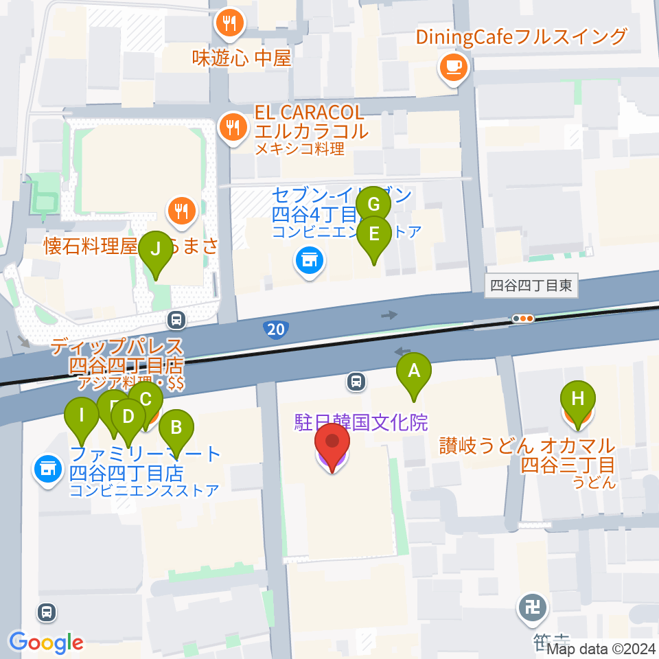 韓国文化院ハンマダンホール周辺のファミレス・ファーストフード一覧地図