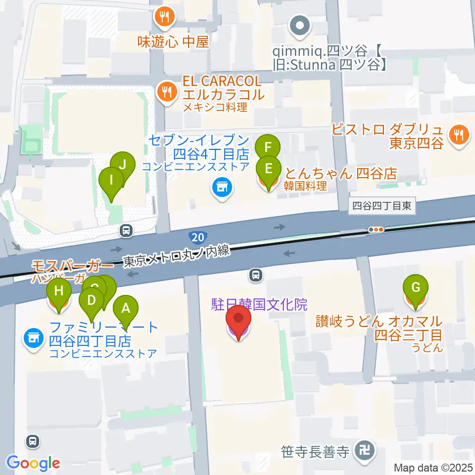 韓国文化院ハンマダンホール周辺のファミレス・ファーストフード一覧地図