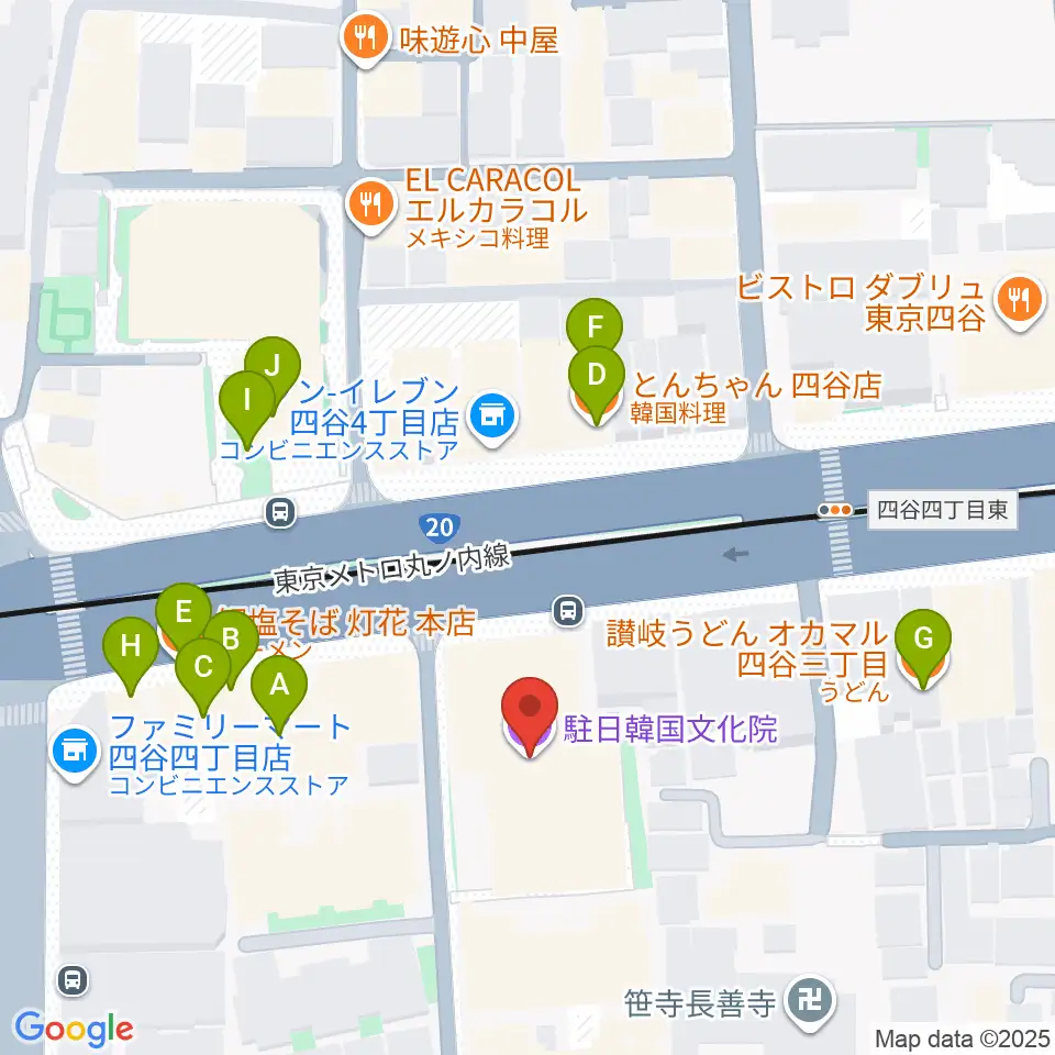 韓国文化院ハンマダンホール周辺のファミレス・ファーストフード一覧地図