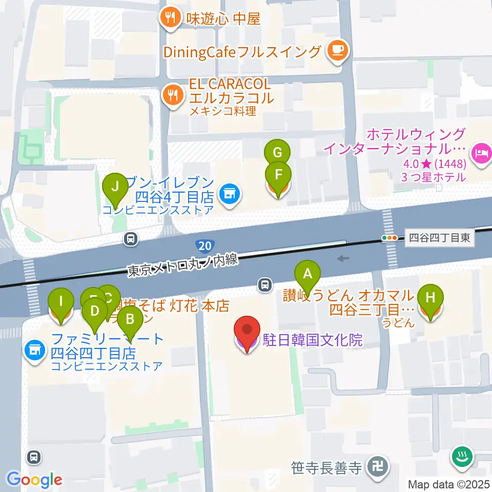 韓国文化院ハンマダンホール周辺のファミレス・ファーストフード一覧地図