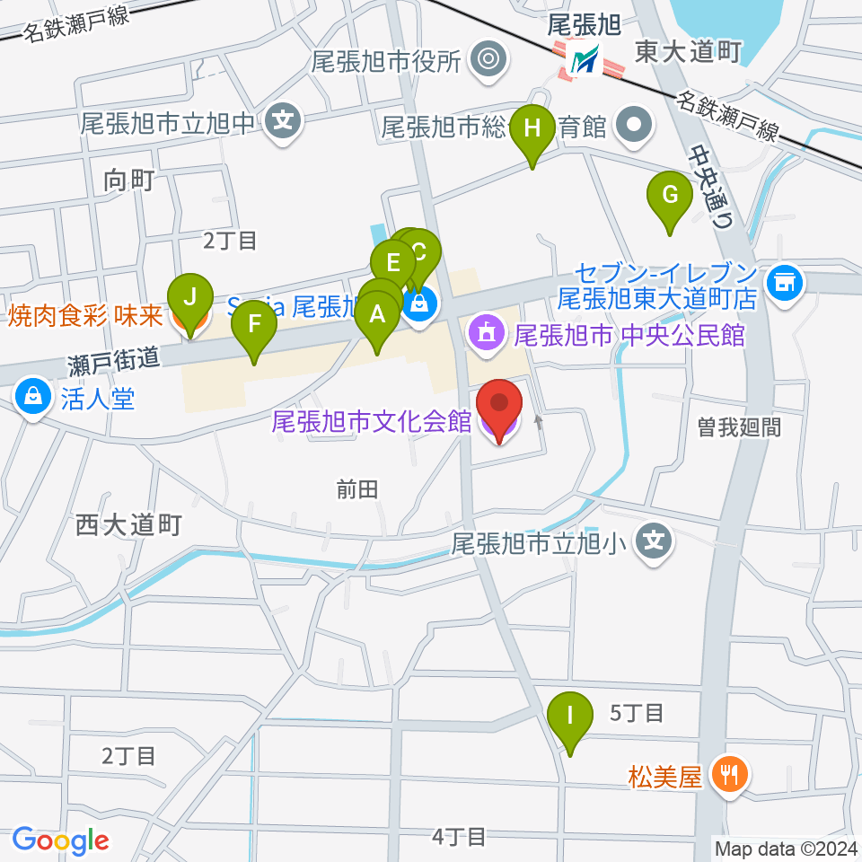 尾張旭市文化会館周辺のファミレス・ファーストフード一覧地図