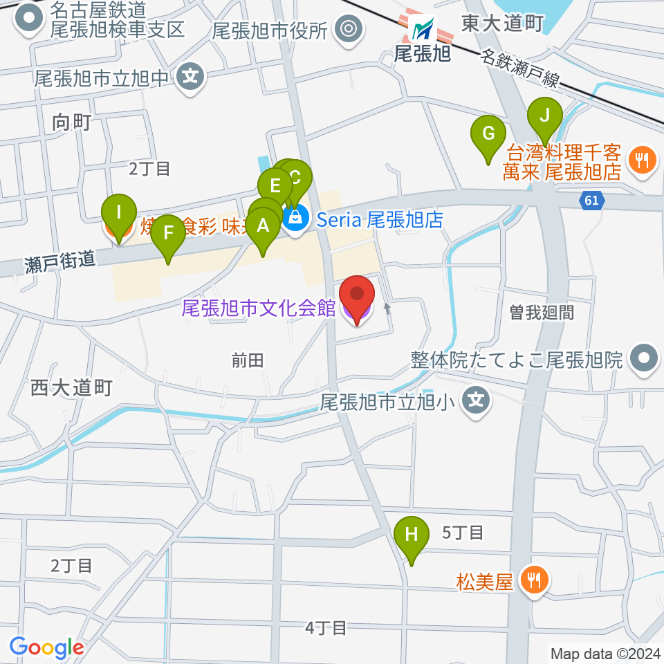 尾張旭市文化会館周辺のファミレス・ファーストフード一覧地図