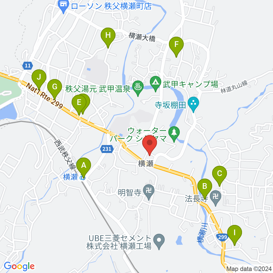 横瀬町町民会館（かわせみ会館）周辺のファミレス・ファーストフード一覧地図