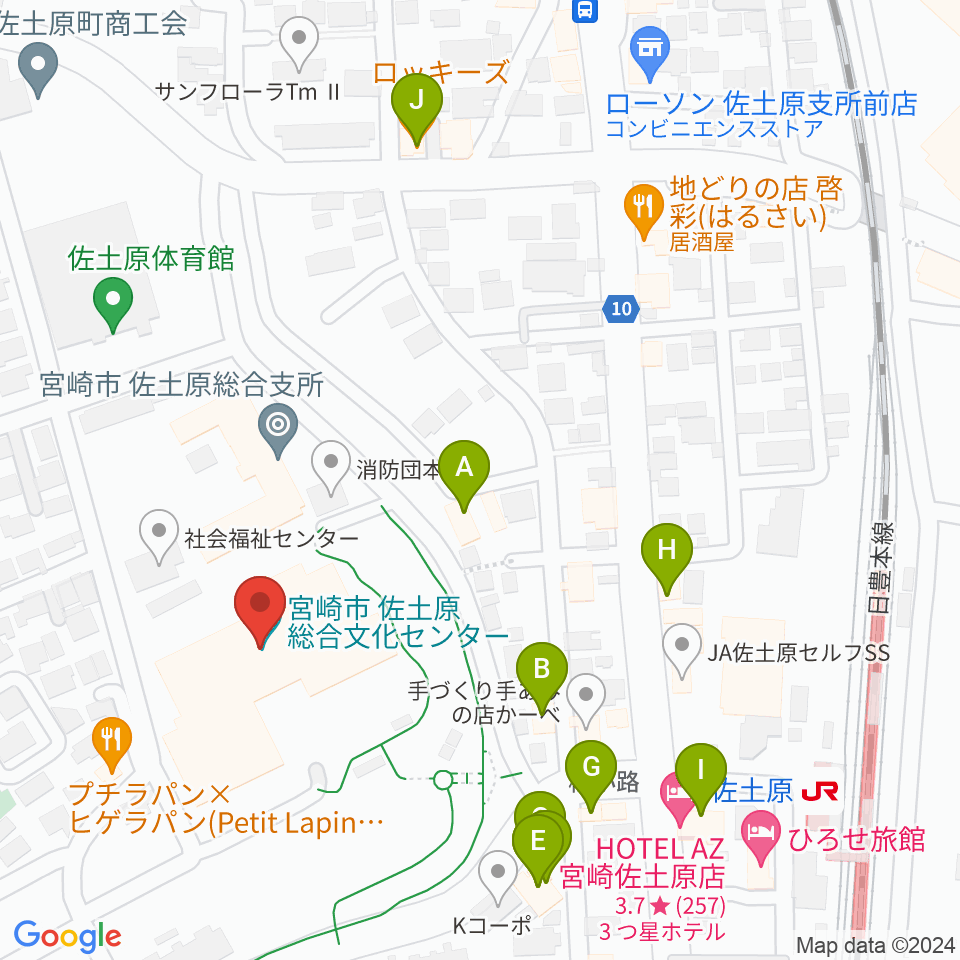 宮崎市佐土原総合文化センター周辺のファミレス・ファーストフード一覧地図