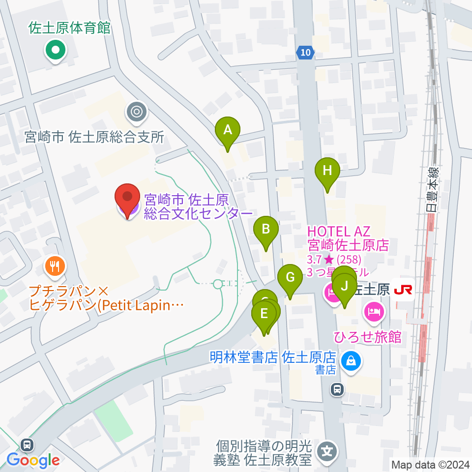 宮崎市佐土原総合文化センター周辺のファミレス・ファーストフード一覧地図