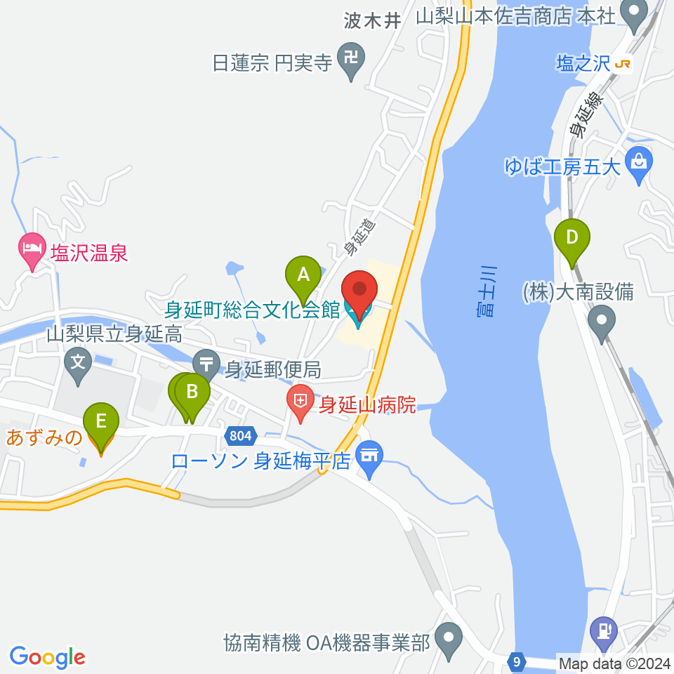 身延町総合文化会館周辺のファミレス・ファーストフード一覧地図