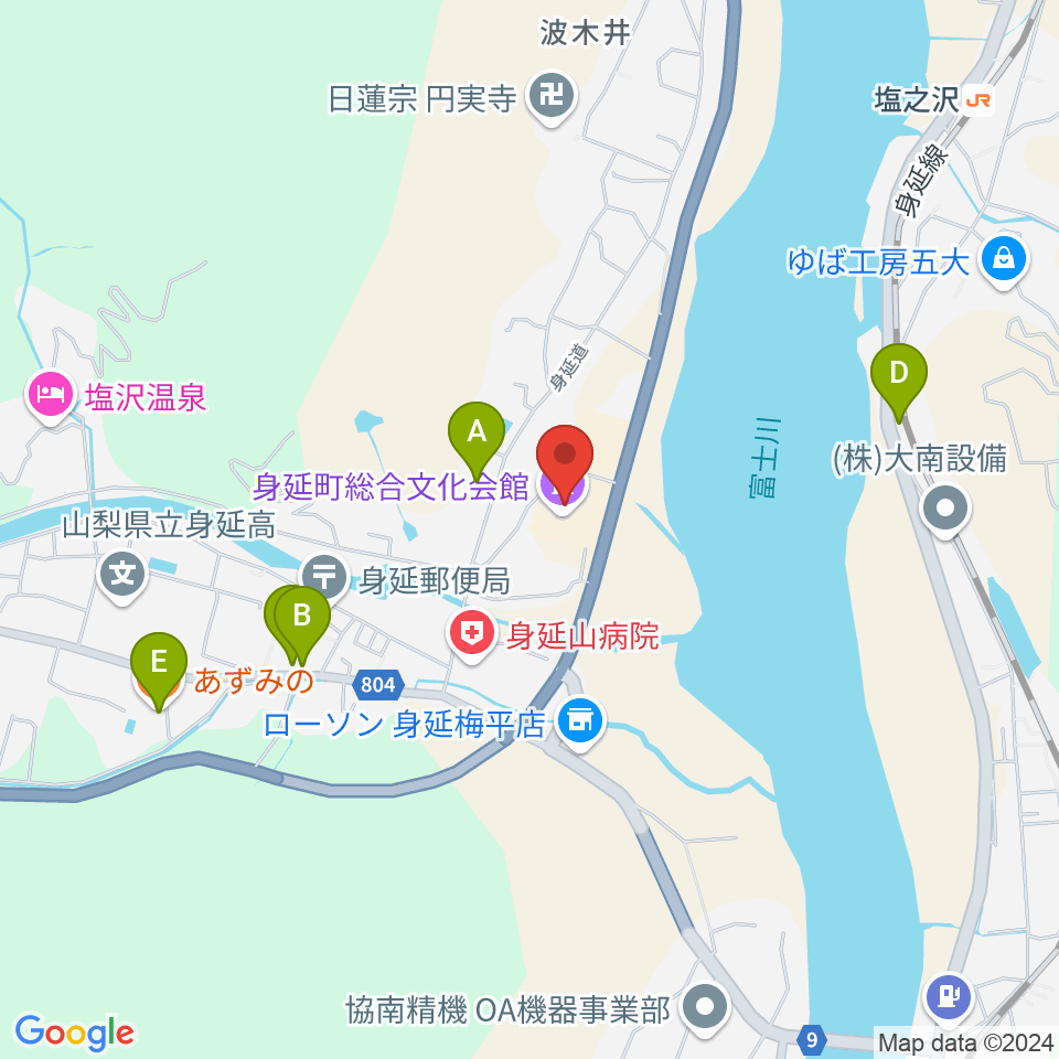 身延町総合文化会館周辺のファミレス・ファーストフード一覧地図