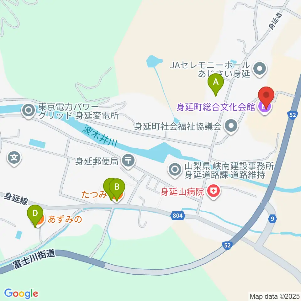 身延町総合文化会館周辺のファミレス・ファーストフード一覧地図