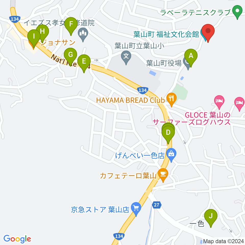 葉山町福祉文化会館周辺のファミレス・ファーストフード一覧地図