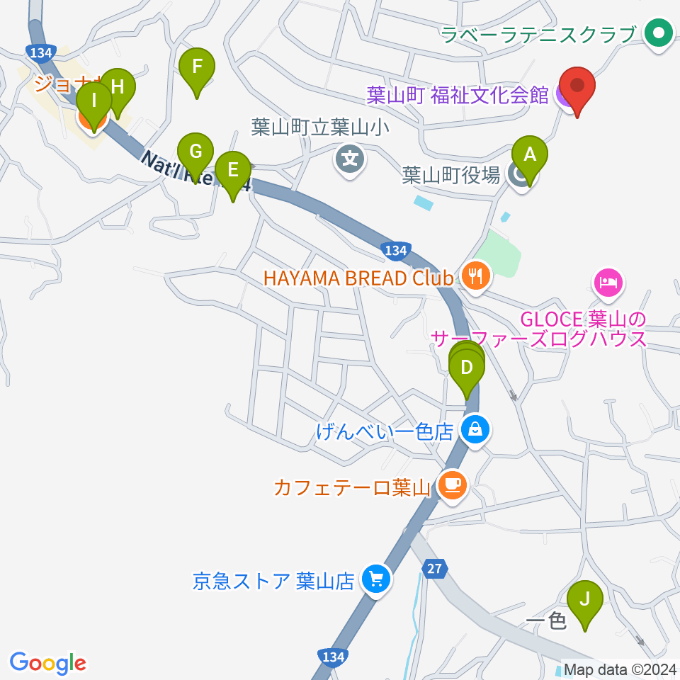 葉山町福祉文化会館周辺のファミレス・ファーストフード一覧地図