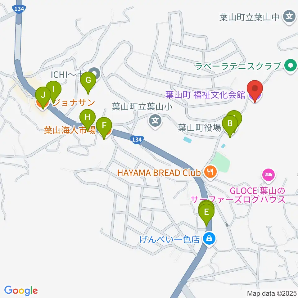 葉山町福祉文化会館周辺のファミレス・ファーストフード一覧地図
