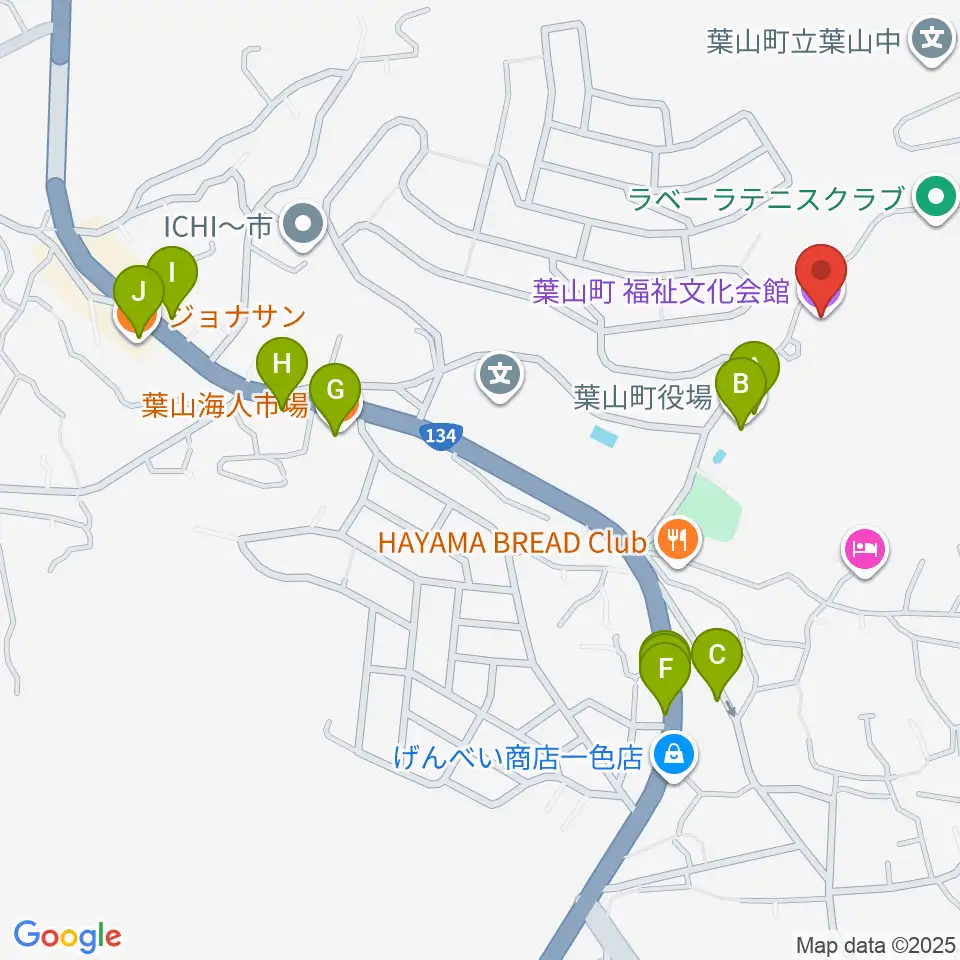 葉山町福祉文化会館周辺のファミレス・ファーストフード一覧地図