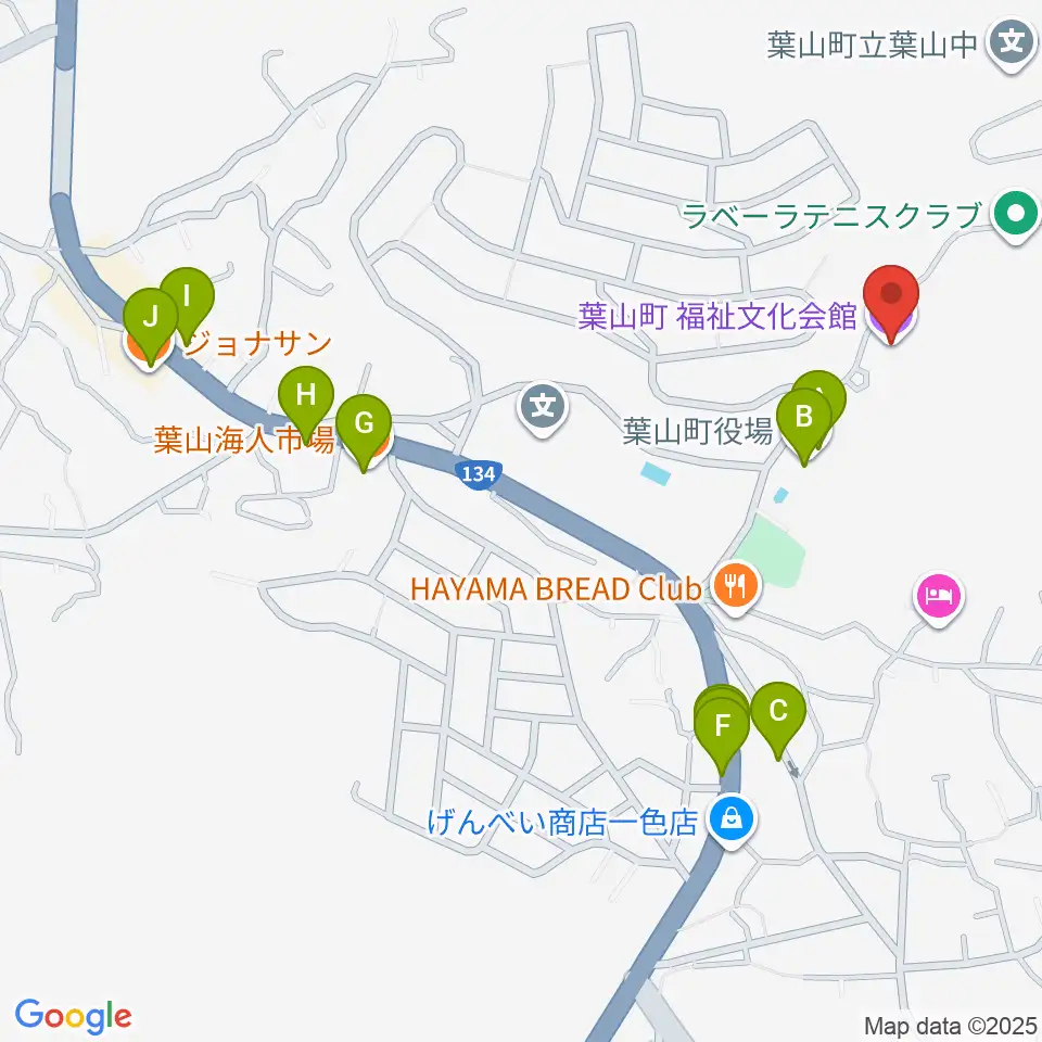 葉山町福祉文化会館周辺のファミレス・ファーストフード一覧地図