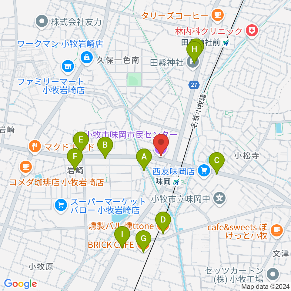 小牧市味岡市民センター周辺のファミレス・ファーストフード一覧地図