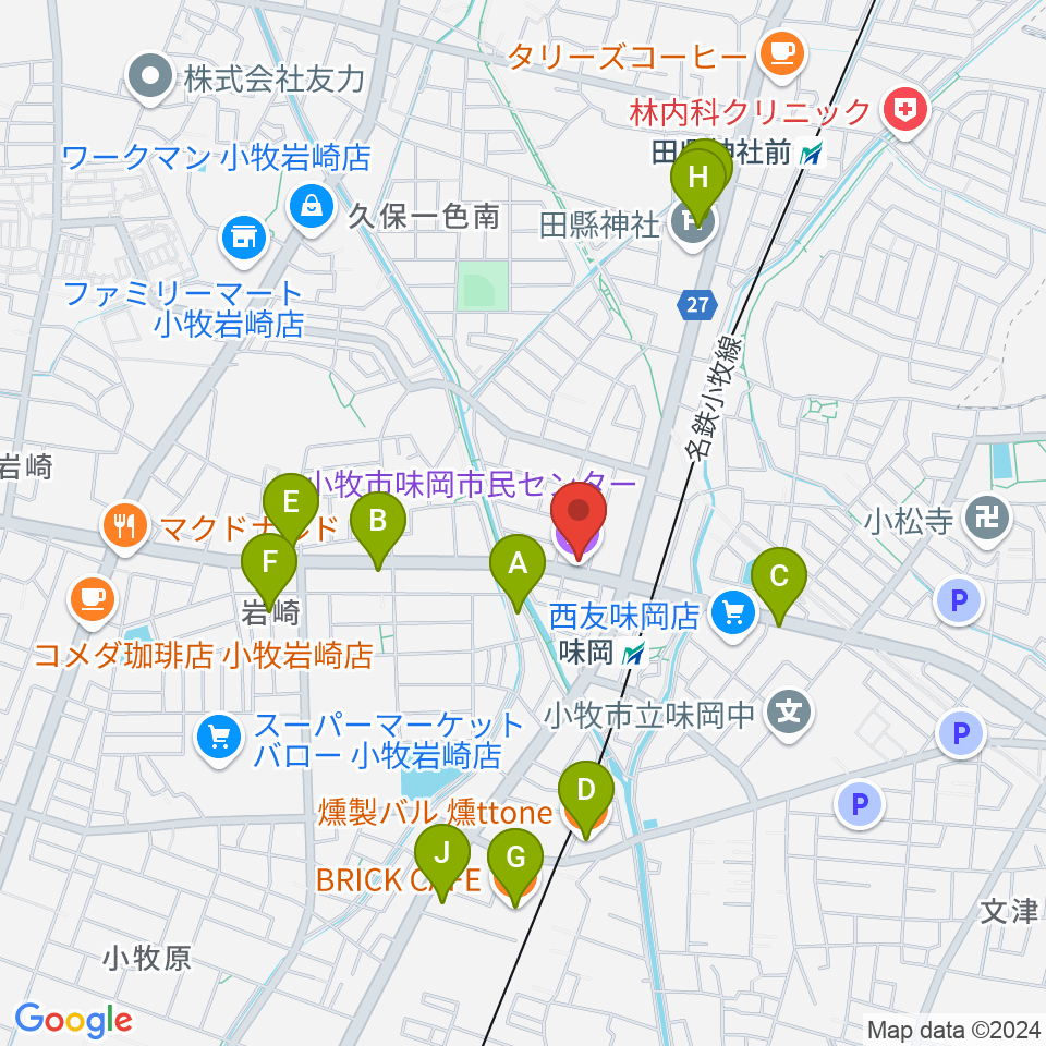 小牧市味岡市民センター周辺のファミレス・ファーストフード一覧地図