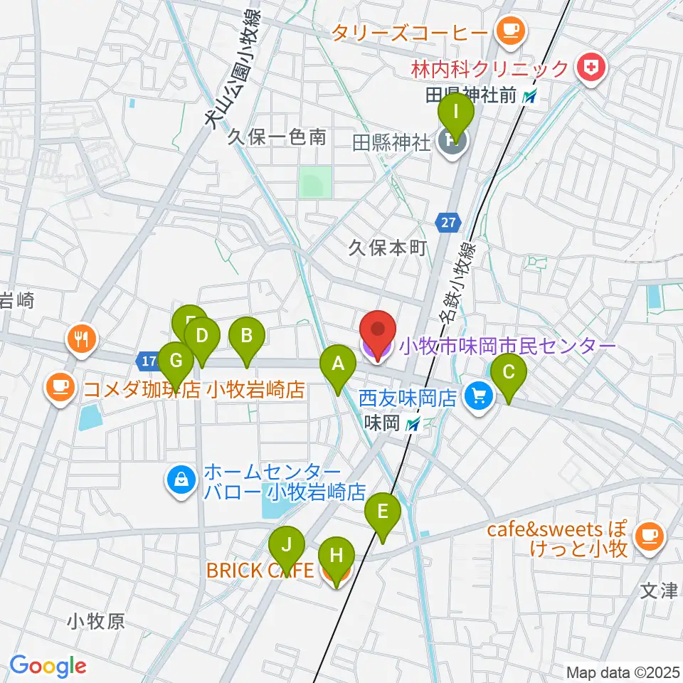 小牧市味岡市民センター周辺のファミレス・ファーストフード一覧地図