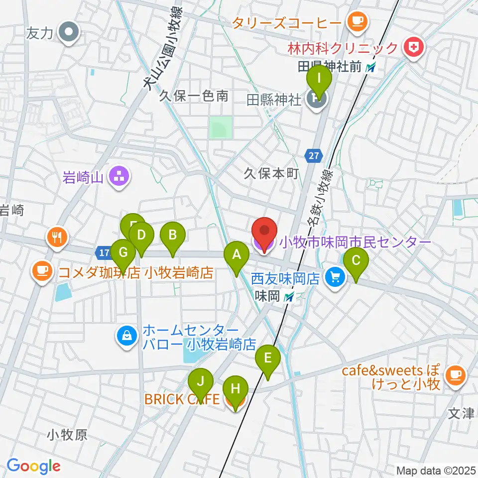 小牧市味岡市民センター周辺のファミレス・ファーストフード一覧地図