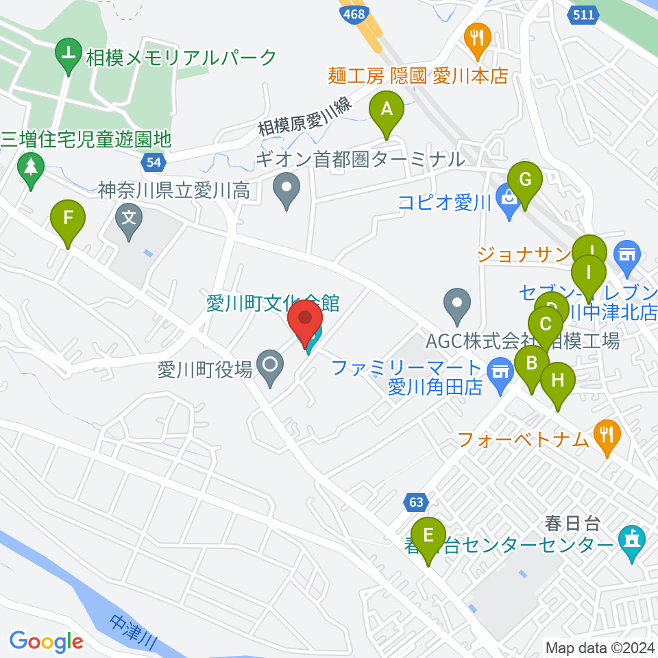 愛川町文化会館周辺のファミレス・ファーストフード一覧地図