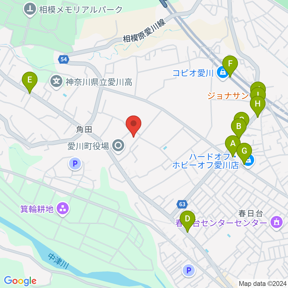 愛川町文化会館周辺のファミレス・ファーストフード一覧地図