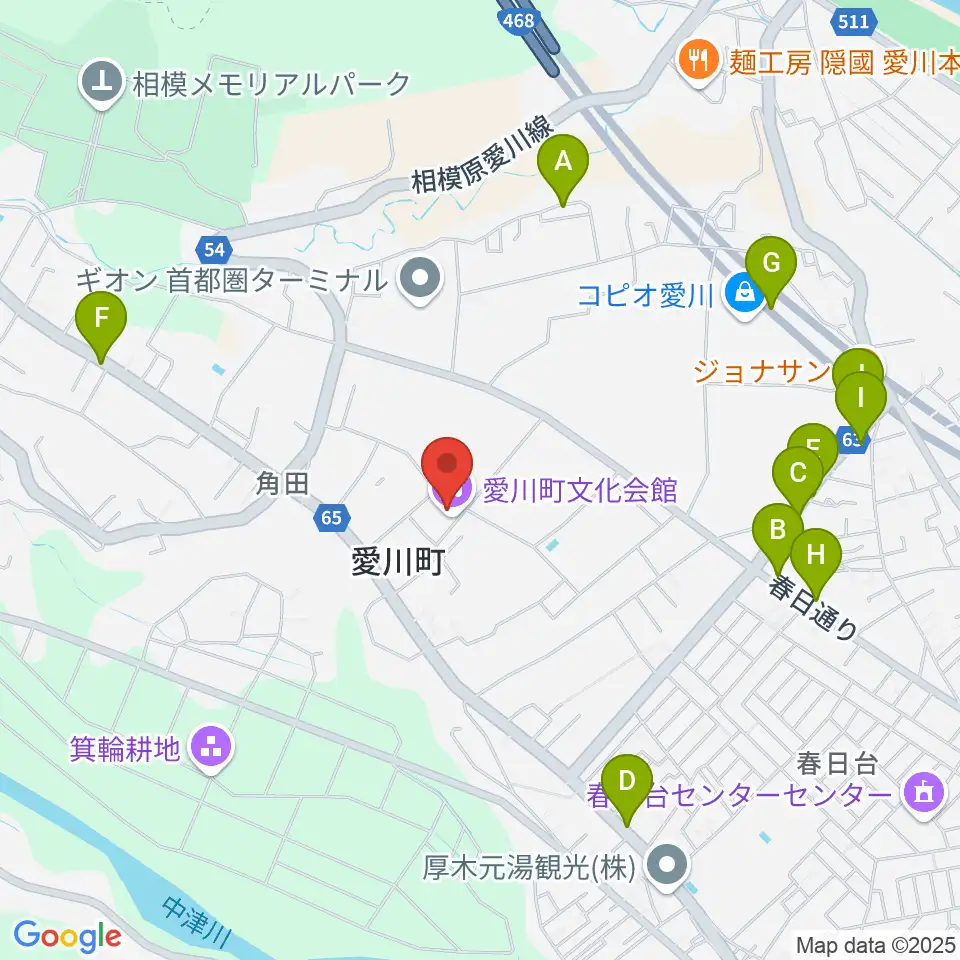 愛川町文化会館周辺のファミレス・ファーストフード一覧地図