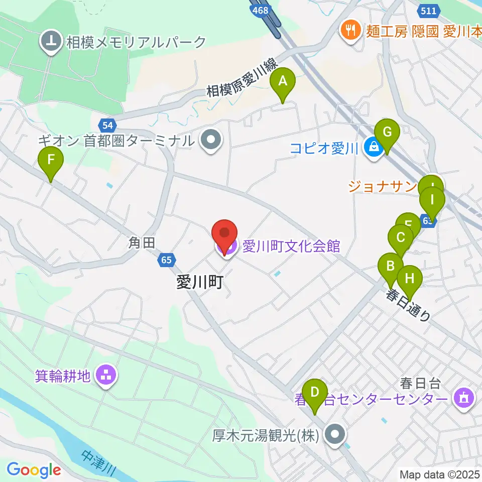 愛川町文化会館周辺のファミレス・ファーストフード一覧地図