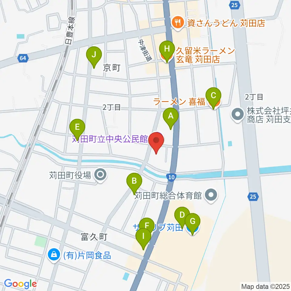 苅田町立中央公民館周辺のファミレス・ファーストフード一覧地図