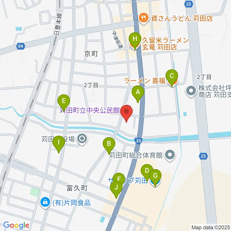 苅田町立中央公民館周辺のファミレス・ファーストフード一覧地図