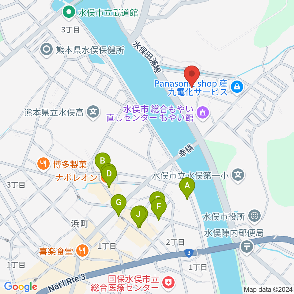 水俣市文化会館周辺のファミレス・ファーストフード一覧地図