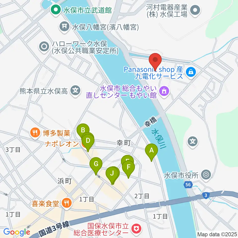 水俣市文化会館周辺のファミレス・ファーストフード一覧地図