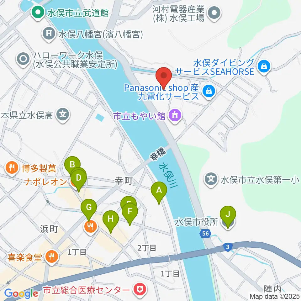 水俣市文化会館周辺のファミレス・ファーストフード一覧地図