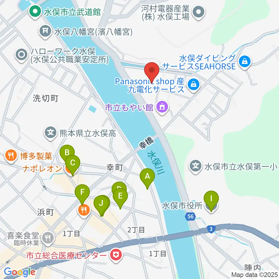 水俣市文化会館周辺のファミレス・ファーストフード一覧地図