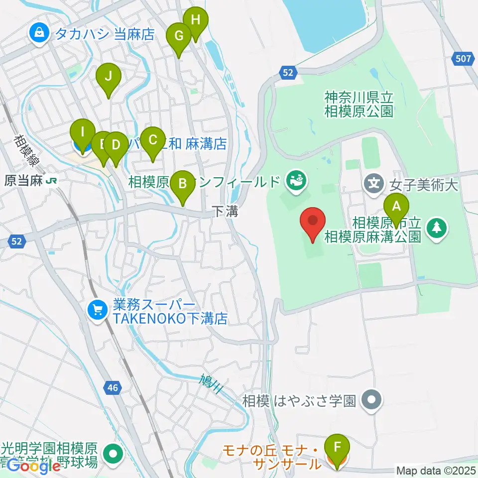 相模原ギオンスタジアム周辺のファミレス・ファーストフード一覧地図