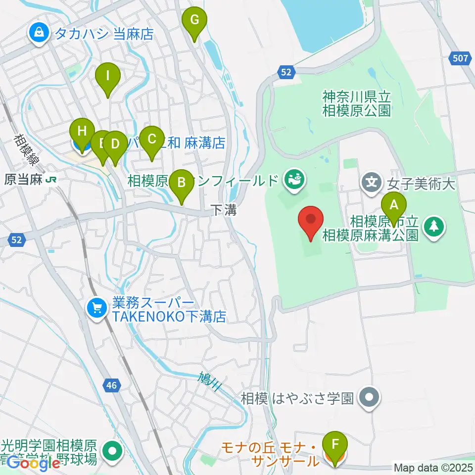 相模原ギオンスタジアム周辺のファミレス・ファーストフード一覧地図
