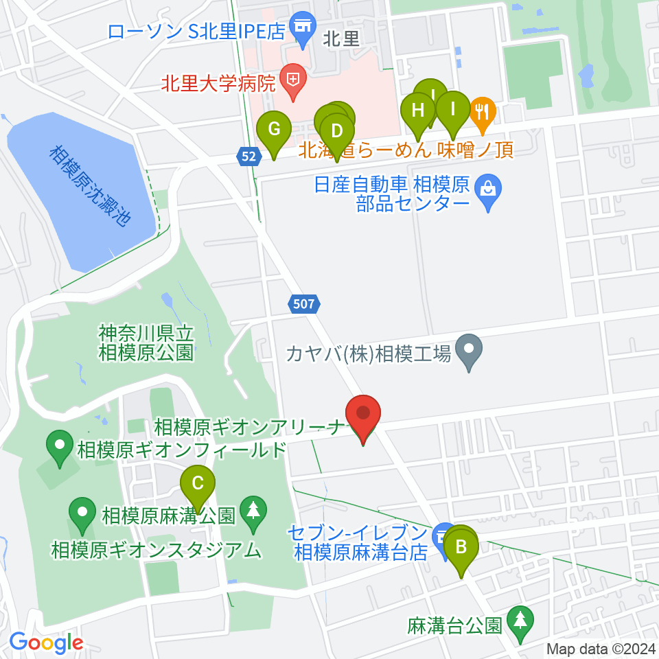 相模原ギオンアリーナ周辺のファミレス・ファーストフード一覧地図