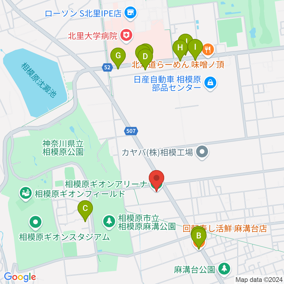 相模原ギオンアリーナ周辺のファミレス・ファーストフード一覧地図