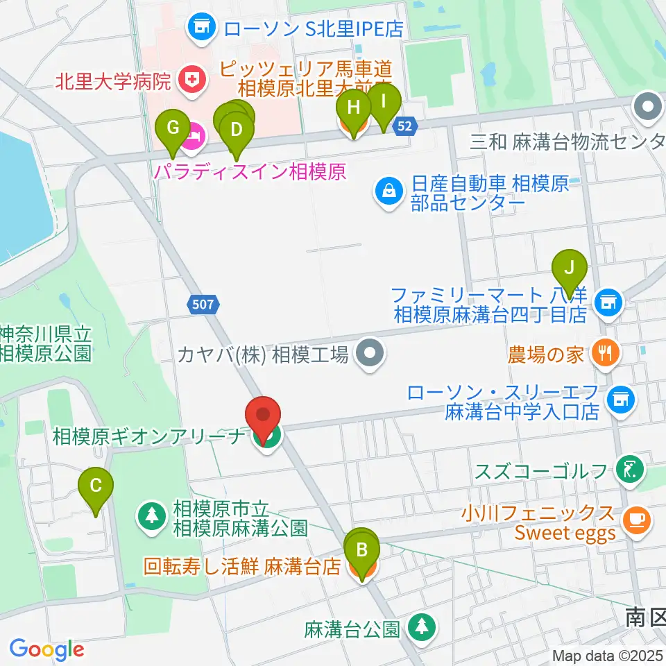 相模原ギオンアリーナ周辺のファミレス・ファーストフード一覧地図