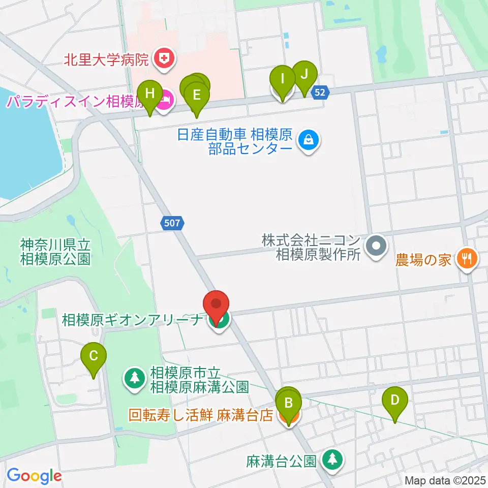 相模原ギオンアリーナ周辺のファミレス・ファーストフード一覧地図