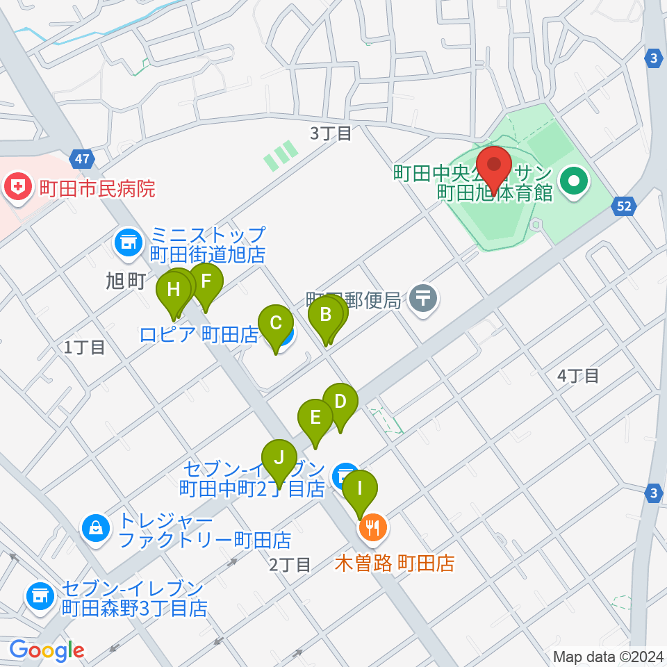 町田市民球場周辺のファミレス・ファーストフード一覧地図