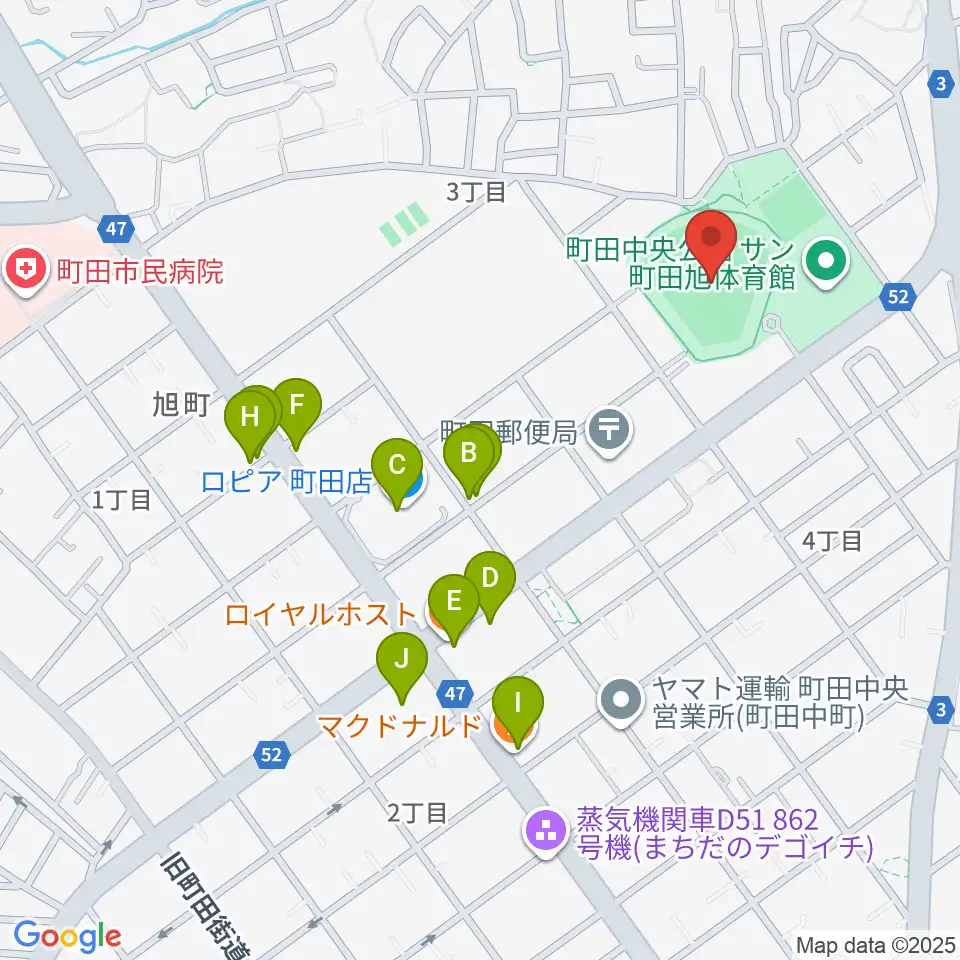 町田市民球場周辺のファミレス・ファーストフード一覧地図