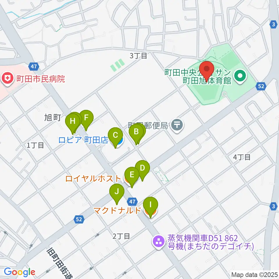 町田市民球場周辺のファミレス・ファーストフード一覧地図