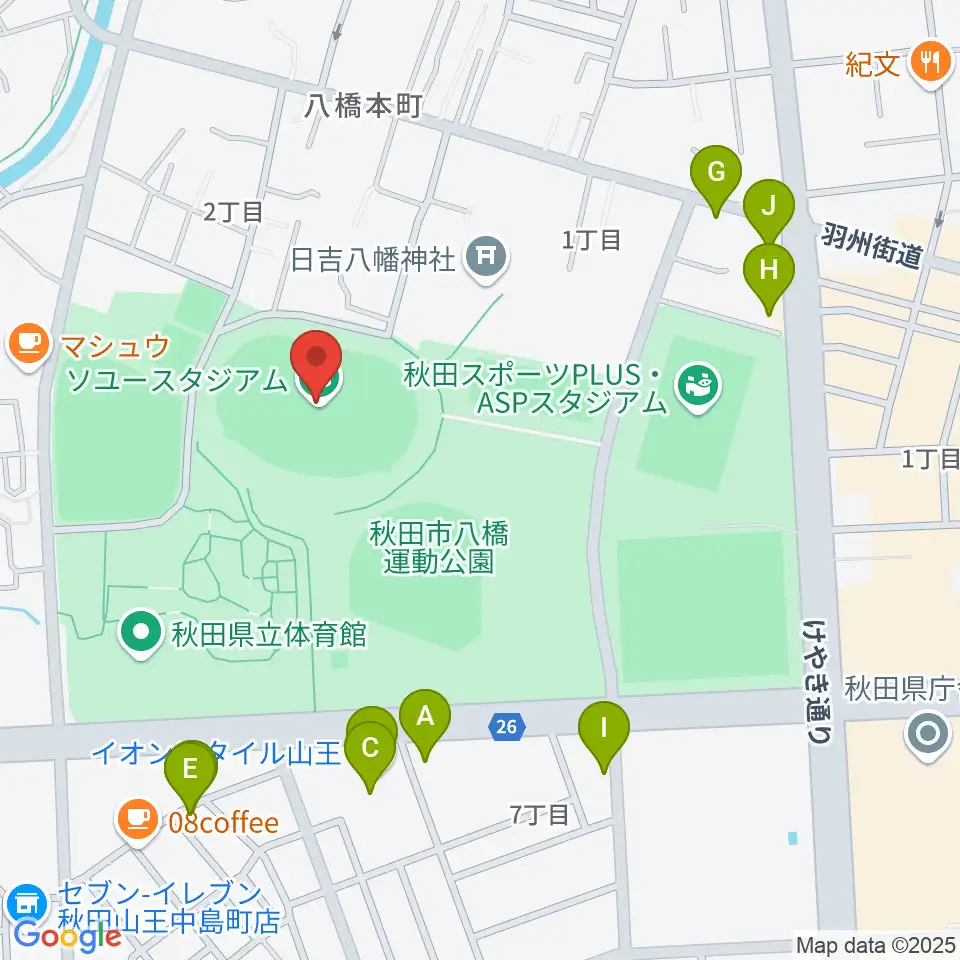 ソユースタジアム周辺のファミレス・ファーストフード一覧地図