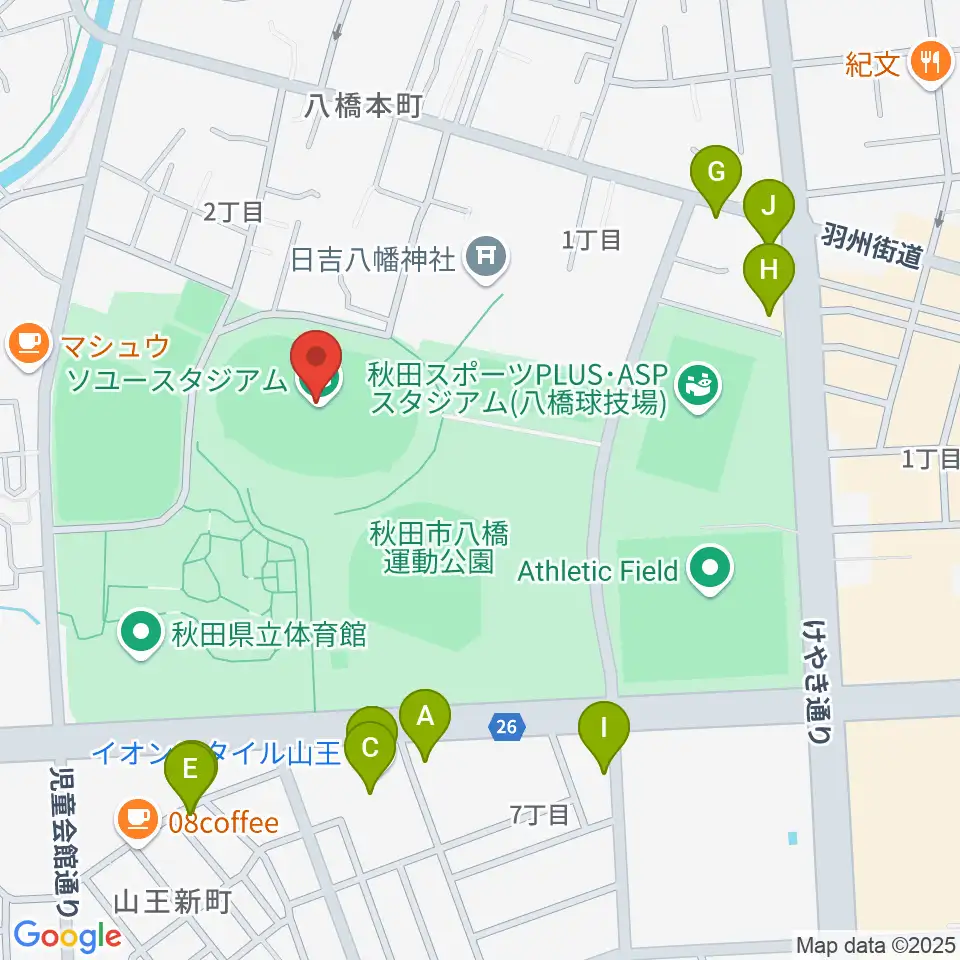 ソユースタジアム周辺のファミレス・ファーストフード一覧地図